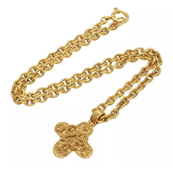 CHANEL Triple Coco Mark Necklace Gold Plated Cross - Picture 4 of 7